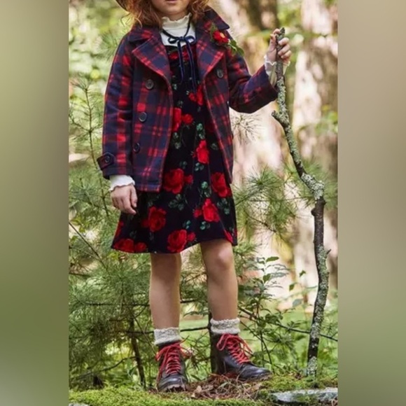 JANIE AND JACK Infant Plaid Wool Blend Coat- Dark Marine Plaid/ Size 12-18M - Picture 2 of 9